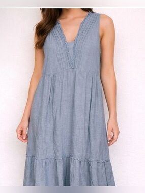 J Jill Linen Blend Tiered Sleeveless Light Blue V-Neck Maxi Dress